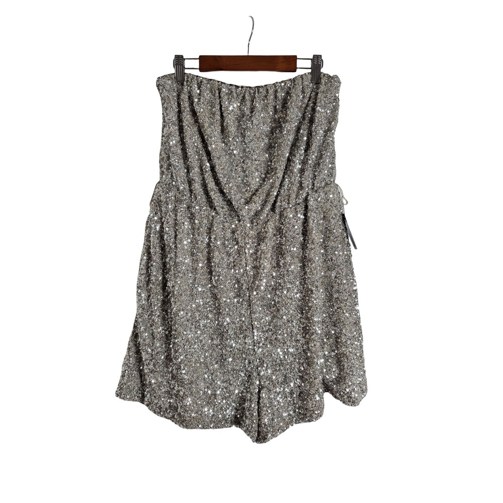Express Sequin Strapless Romper Silver Metallic Tube Top Jumpsuit L Nightlife